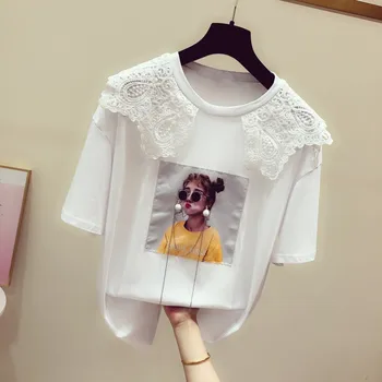 

Women's T Shirt New Fashion Lace Doll Collar GIRL'S Printed Short-sleeved Round Collar T-shirt Students Tops Camisetas Mujer