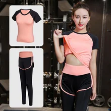 Сексуальный комплект для йоги, для фитнеса, женская футболка для бега+ дышащие штаны, одежда, леггинсы, для йоги, спортзала, тренировки, спортивный комплект, комплект для йоги