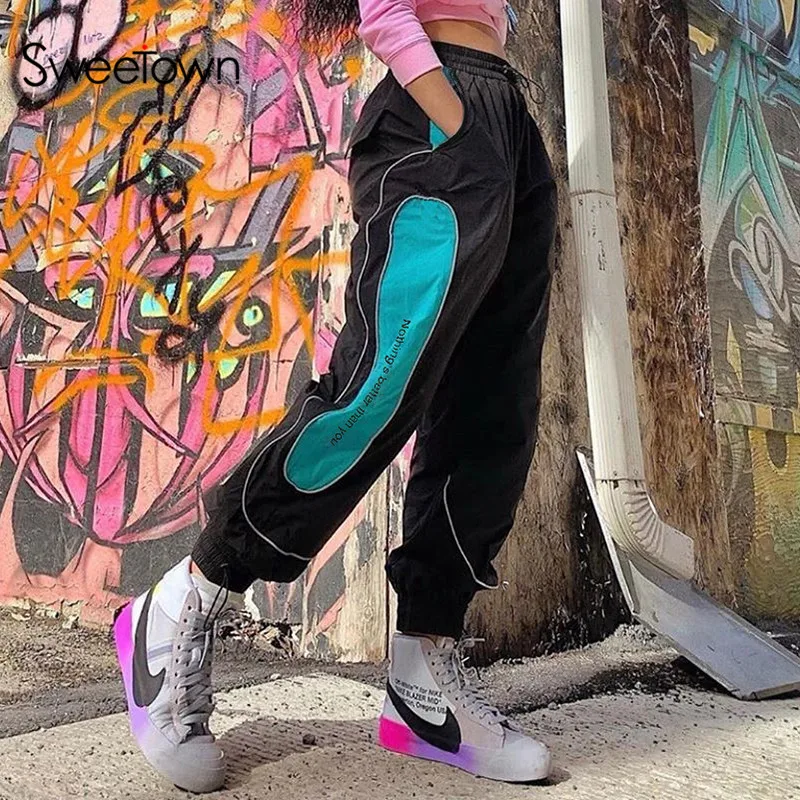 

Sweetown Contrast Color Joggers Women Baggy Pants Streetwear Pocket High Waist Trousers Patchwork Reflective Hip Hop Sweat Pants