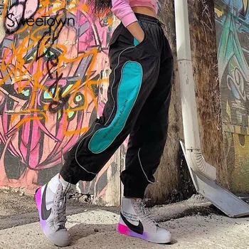 

Sweetown Contrast Color Joggers Women Baggy Pants Streetwear Pocket High Waist Trousers Patchwork Reflective Hip Hop Sweat Pants