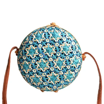 

New Round Straw Beach Bag Circle Rattan Bag Women Handbag Colorful Flower Pattern Female Message Shoulder Bag Sky Blue