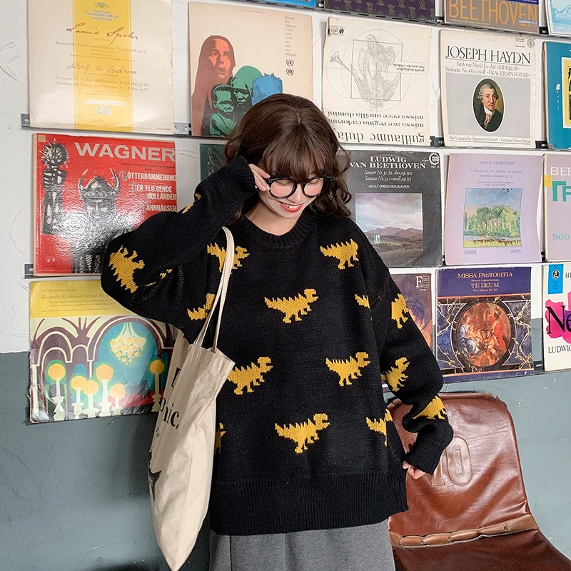 Женский пуловер с милым динозавром черного и фиолетового цвета, свитер, женский свободный вязаный свитер унисекс с рисунком из мультфильма, повседневный джемпер для студентов
