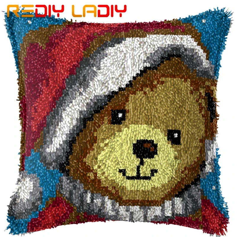 

Latch Hook Cushion Teddy Bear Christmas Pillow Case Printed Color Canvas Acrylic Yarn Latched Pillow Crochet Cushion Cover Craft