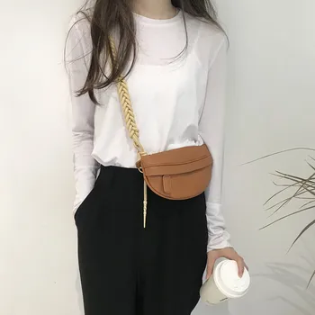 

2020 niche design sense cord knot braided shoulder strap bag cool handsome curved square bag brown PU bag single shoulder