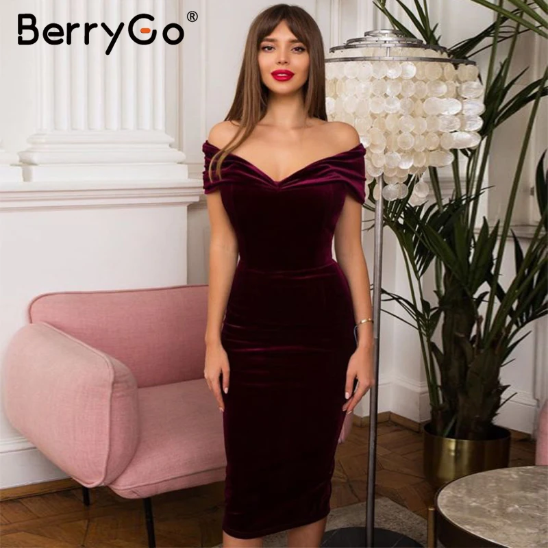 BerryGo, сексуальное вечернее платье с открытыми плечами, женское элегантное офисное приталенное однотонное платье, мягкое бархатное женское осеннее платье в стиле пэчворк