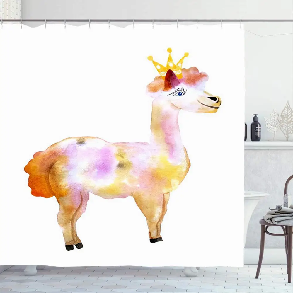 

Shower Curtain Set with Hooks 72x78 Inches Character Drawn Watercolor Alpaca Wild Beautiful Kid Llama Smile Drawing Princess