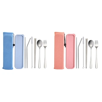 

Promotion! 2 Set Portable Flatware Set,Reusable 304 Stainless Steel Durable Travel Cutlery Set - Blue & Pink