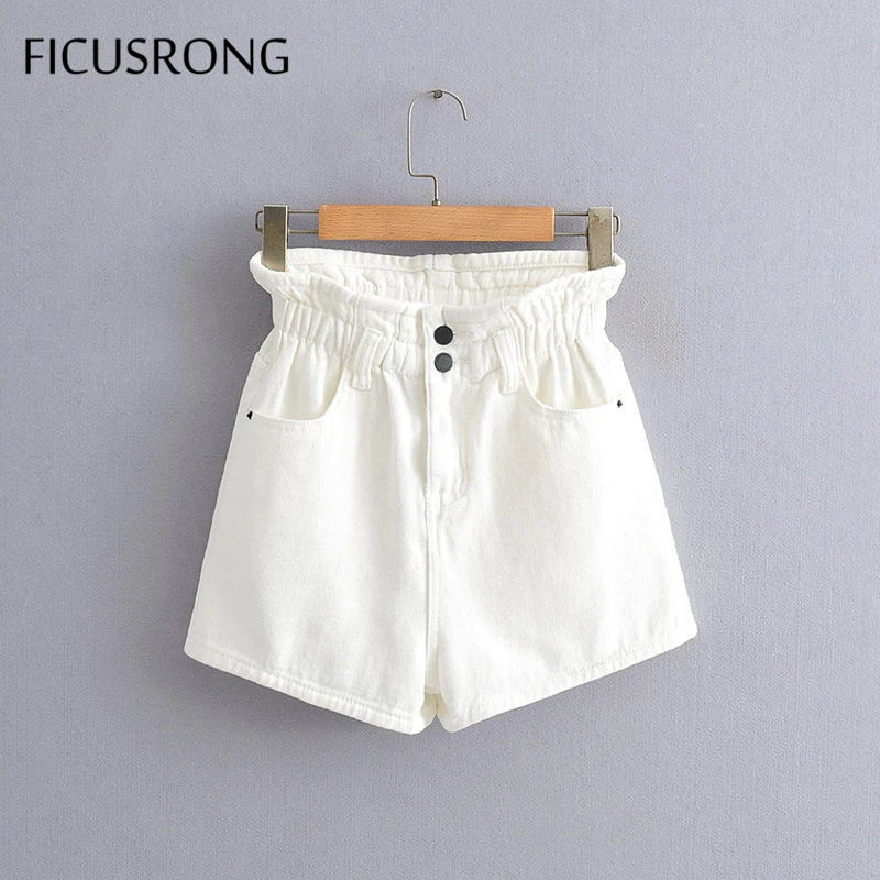 

FICUSRONG Women Solid Short Jeans Straight High-Waist Skinny Elegant Zipper Medium Cotton White Elastic Denim Shorts 2020