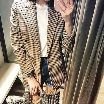 

Women Blazer Vintage Coat Fashion Plaid Retro Button Lattice Suit Jacket with Shoulder Pads Jacket Office OL Autumn Blazers