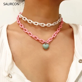 

Salircon Punk Acrylic Love Heart Pendant Necklace For Women Collares Multi Layer Big Chain Chunky Choker Necklace Couple Jewelry