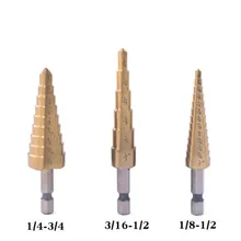 

3Pcs Titanium Plated Hexagon Shank Step Drill Bit Reaming Tool Set Inch Pagoda Drill Bit Cone Taper Hex Shank StainlessTool