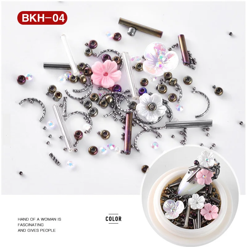 BKH-04 1 коробка, смешанные натуральные цветы в виде раковины, очаровательные жемчужные разноцветные бусины-икры, металлические заклепки для ногтей, шпильки, японские DIY 3D украшения для дизайна ногтей - Цвет: BKH-04