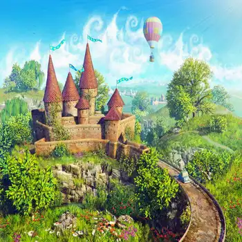 

8x8FT Spring Green Hills Medieval Castle Up Balloons Blue Sky Custom Photography Studio Background Backdrop Vinyl 240cm x 240cm