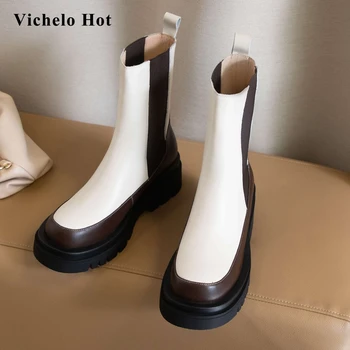 

Vichelo Hot stretch boots hot saling real leather mixed colors round toe thick med heel slip on platform cozy mid-calf boots L71