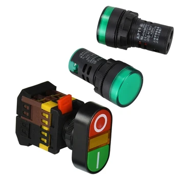

1x AC 600V 10A ON OFF ON and OFF Momentary Push Button Switch with 220V Neon Light & 2 Pcs AC220V Green LED Power Indicator Pilo