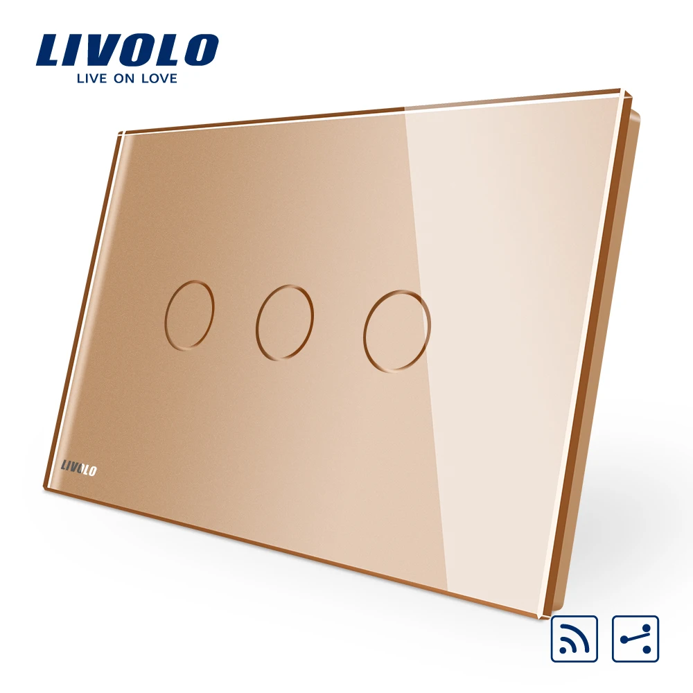 Livolo, переключатель, AU/стандарт США, 3-gang 2-полосная беспроводной пульт дистанционного управления Переключатель 220 V, с украшением в виде кристаллов Стекло Панель, светодиодный индикатор, через крест