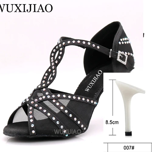 WUXIJIAOLatin/танцевальная обувь; женская обувь для ужина; обувь для танцев из сатиновой сетки черного цвета; блестящие стразы; обувь для сальсы; Высокий каблук 9 см - Цвет: black heel 8.5cm