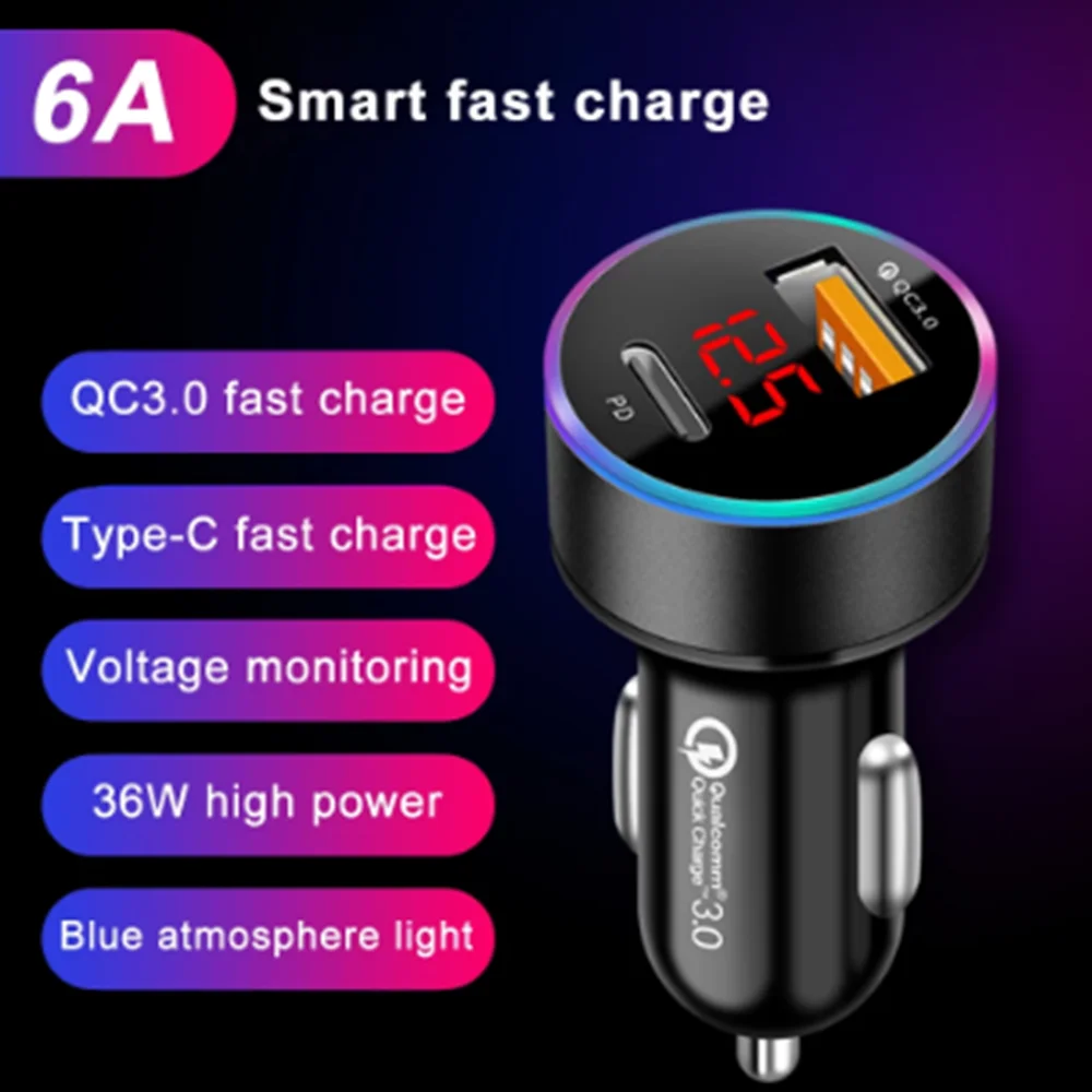NEW PD USB Car Charger USB LCD Display Mini Quick Charge 3.0 6A 36W QC3.0 Fast Charger For iPhone 12 Huawei Xiaomi Type C Phone