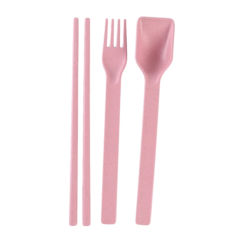 3Pcs/Set Fork Dinner set Food Picks Tableware Case Outdoor Portable Wheat fiber Cutlery Set Kit Lightweight Dinnerware Set - Цвет: pink