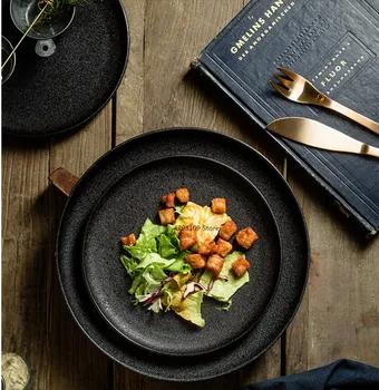 

Nordic Western Steak Plate Ceramic Plate Creative Black Phnom Penh Scrub Texture Tableware Breakfast Plate Household Round Plate