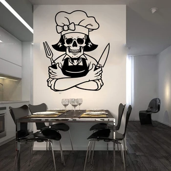 

Large Skeleton Chef Wall Sticker Kitchen Restaurant Cartoon Skull Cooker Wall Decal Dinning Room Vinyl Home Decor 3458