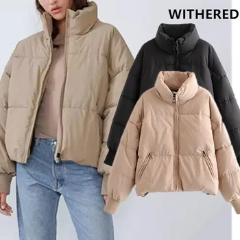 

Withered 2019 winter coat women england vintage high street solid bread loose oversize thick warm parka short coat women tops