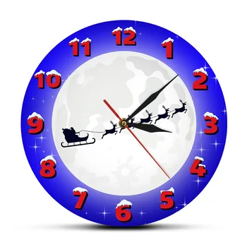 

Santa Claus In A Sleigh with Snow Moon Christmas Time Clock Santa And Reindeers Wall Decor Home Clock Merry Christmas Wall Watch