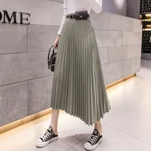 Женская длинная юбка, новинка, Осень-зима, высокая талия, свободная, плиссированная юбка, большая, а-силуэт, одноцветная, длинная юбка с ремнем, сумка ML329