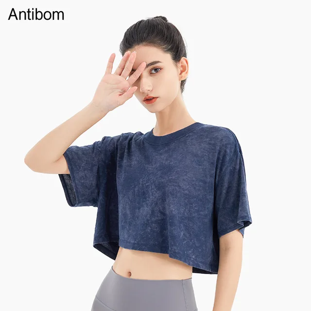 Antiom Fitness Woman T Shirts Short Sleeve Sports Sexy Crop Top Yoga Top Loose Breathable Quick