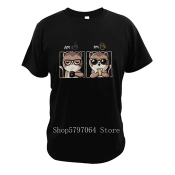 

Cats Coffee T Shirt Beer Caffeine Am Pm Two Times Of Day Funny Cotton Soft T-Shirt