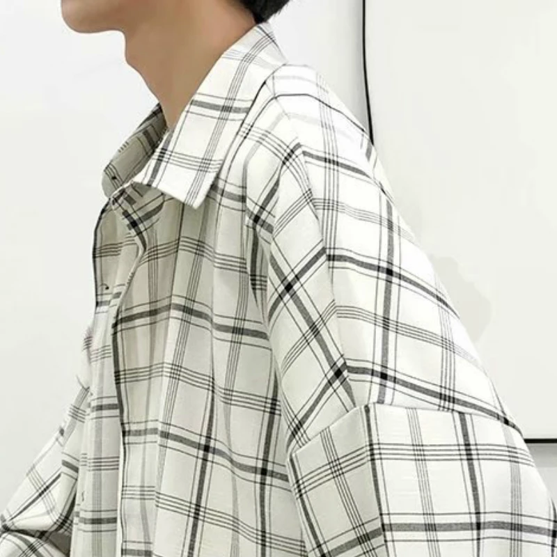 Men Casual Shirts Plaid Single Breasted Long Sleeve Plus Size 3XL Loose Korean Chic Fashion Oversize All-match Thin Outwear BF