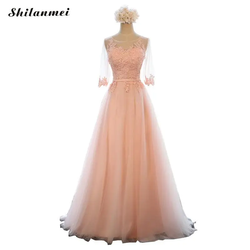 Sweet Pink Lace Evening Party Dress Women Half Sleeve Mesh Transparent Patchwork Long Dress Floral Embroidery Ball Gown Dresses
