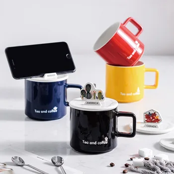 

Stylish mobile phone holder mug with lid spoon,Creative Moring Mug Milk Coffee mugs Tea Unique Porcelain Cups mugs