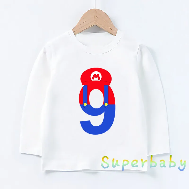 Детская футболка с принтом «Happy Birthday Super Mario» и цифрой 1-9, Забавные топы с рисунками для маленьких мальчиков и девочек, Детская футболка с длинными рукавами, LKP5233