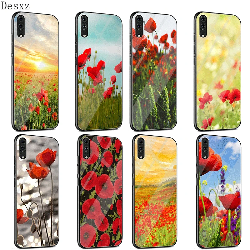 Стеклянный Чехол для мобильного телефона huawei P30 P20 P Smart P10 Y6 7A Y9 Honor 8X9 10 mate 20 Pro Lite с красными маками на черном стиле