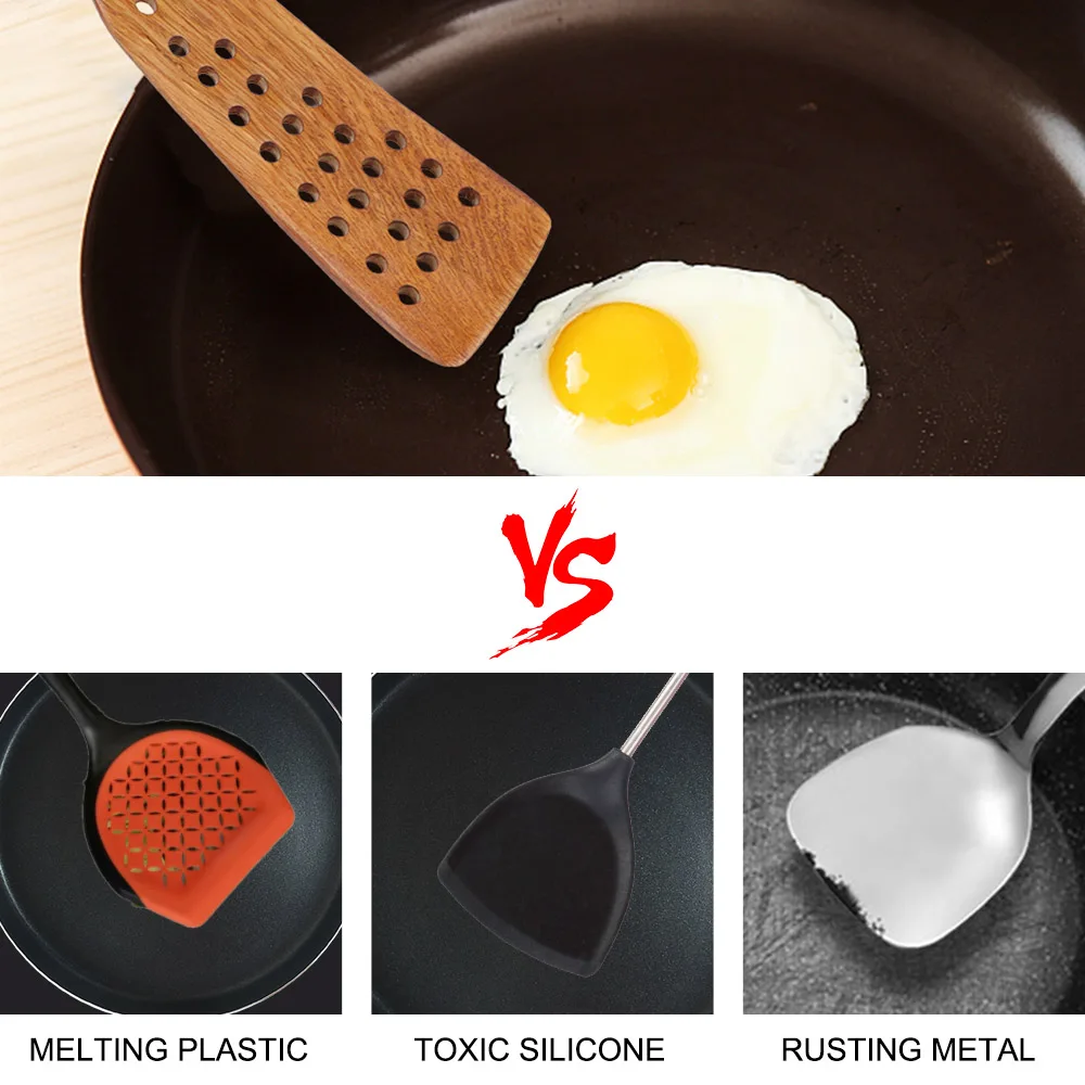 Filter Shovel Kitchen Cooking Tool Cookware Frying Steak Shovel Wooden Spatula Non-Stick Pan 24 Holes