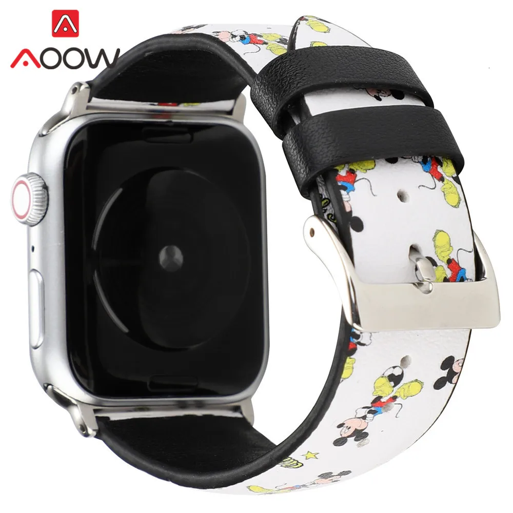 Мультфильм кожаный ремешок для наручных часов Apple Watch 38 мм, 42 мм, 40 мм 44 Микки рисунок «Hello Kitty», сменный ремешок для наручных часов, ремешок