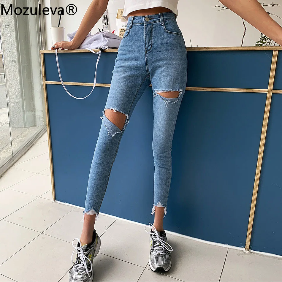 Irregular Jeans Ripped Skinny Mozuleva High-Waist Women Denim Tassel Stretch Holes Chic-Bottoms