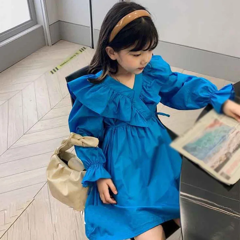 Spring Autumn Girls' Dress Temperament Costumes Pure Color Stitching Long-Sleeved Princess Dress Baby Kids Children'S Clothing images - 6