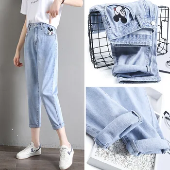 

Mickey mouse embroidery women Jeans Cropped Pants For Women 2020 New spring summer Loose And Thin Daddy jeans college harem
