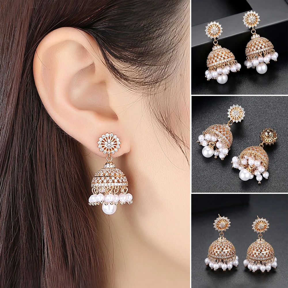 Модные циркониевые бусины индийская Jhumka Jhumki висячие серьги женские белые вечерние ювелирные изделия с кристаллами подарки Этническая Цыганская маленькая серьги в виде колокольчиков