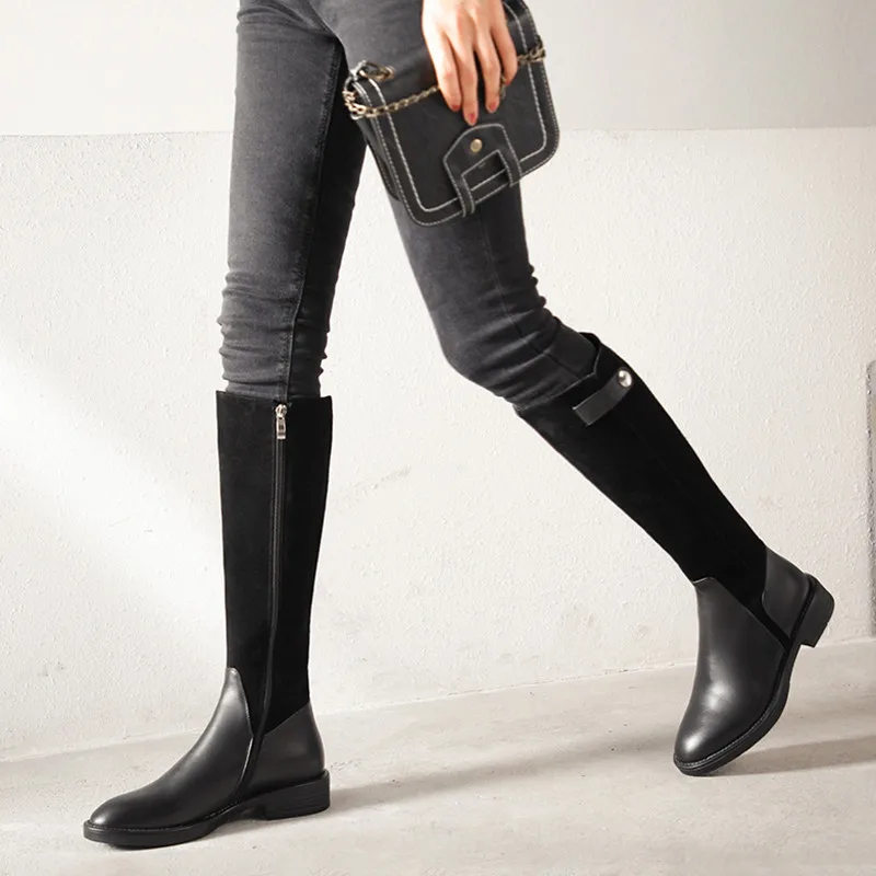 MoonMeek/модные сапоги из натуральной кожи; женские сапоги до колена с круглым носком; обувь на низком каблуке на молнии; женские сапоги для верховой езды; сезон осень-зима