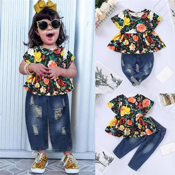 

Toddler Baby Girls Clothing Sets Cute Summer Short Sleeve Floral Print T-Shirt Hole Denim Jean Outfits Suit For Kids Outfit