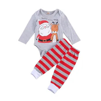 

FOCUSNORM 0-18M Christmas Baby Girls Boys Sleepwear Santa Print Long Sleeve Romper Tops Striped Pants Pajama Sets
