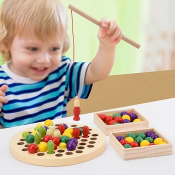 

3 In 1 Home Preschool Math Learning Hand-eye Coordination Color Recognition Magnetic Fishing Game Set Wood Toy Board Clip Beads