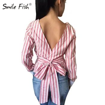 

Sexy Women Long Sleeve Bandage Shirts Backless Bowknot Blusas Ladies Striped Blouse Deep V-Neck Tops 2019 Plus Size LX008