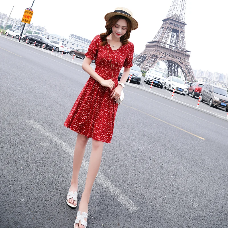 

Dresses 2020 Sundress Summer Women Causal Polka Dot Sleeveless High Pleated elastic waist V-Neck Beach Dress Vestidos De Verano