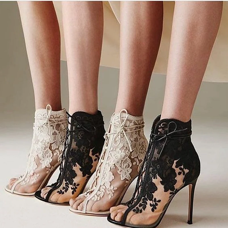 Женские свадебные ботиночки; весенние ботильоны на шнуровке с вышивкой; открытые туфли на высоком каблуке-шпильке с открытым носком; вечерние модельные туфли для невесты