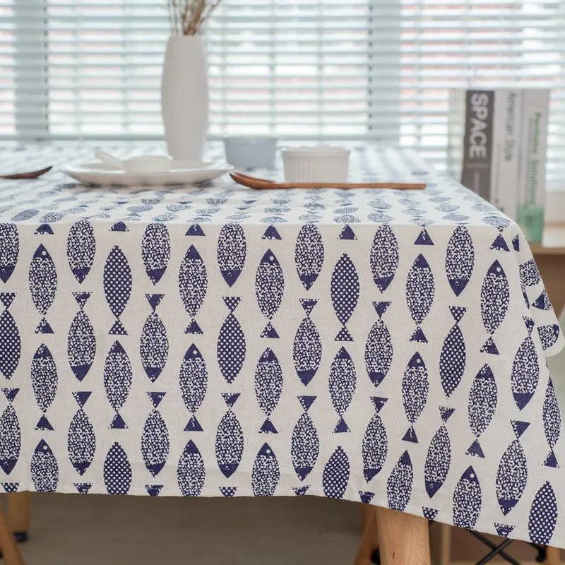 Blue Fish Pattern Thickened Linen Cotton Tablecloth Fashion Cover Coffee Dinner Table Cloth for Wedding Banquet - Цвет: Same as image