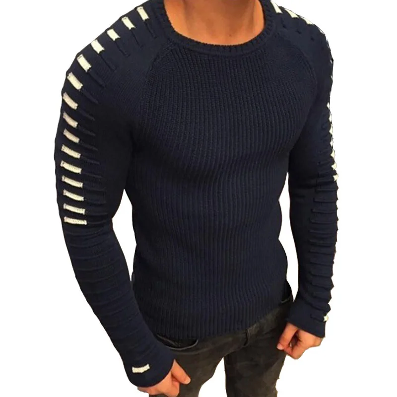 HEFLASHOR Мужской приталенный Повседневный свитер новая модная тканая строчка пуловеры плотный свитер Мужская одежда плюс размер M-3XL - Цвет: Navy Blue